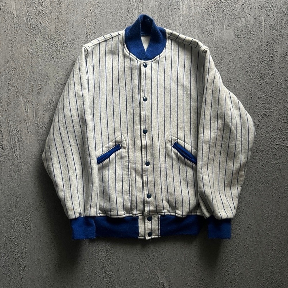 Vintage Pinstripe Bomber Cotton Sweatshirt Large Grey 1990s‎ Heavyweight
